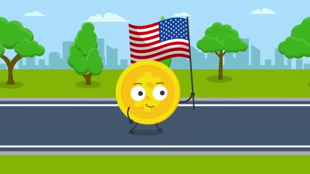 Söt Dollar Mynt Karaktär Med Usa Flagga Animation Video Rörelse — Stockvideo
