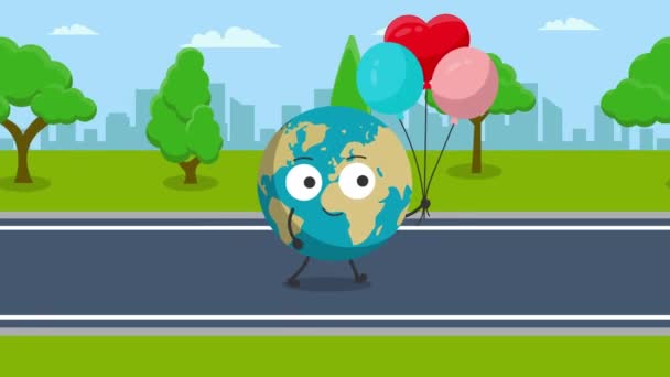Personagem Terra Bonito Com Aniversário Balões Animação Animação Movimento Vídeo — Vídeo de Stock