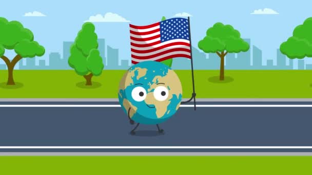 Cute Charakter Ziemi Usa Flag Animacja Animacja Ruchu Wideo — Wideo stockowe