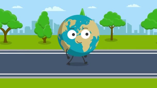 Симпатичная Земля Характер Walking Animation Видео Анимация Движения — стоковое видео