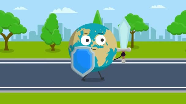 Cute Earth Character Sword Shield Animation Video Motion Animation — Stock Video