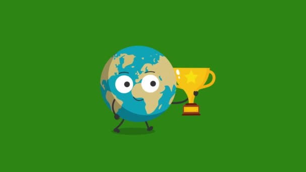 Cute Earth Character Golden Cup Animation Video Motion Animation — Stock Video