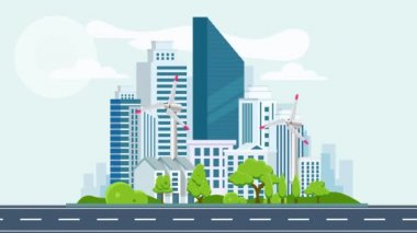 4K düz çizgi film animasyonu. Şehrin önündeki Skyline ofis binalarında rüzgar türbinleri. eko yeşil enerji animasyonu.