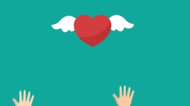 Eller ve uçan kalpler - animasyon konsepti. 4K video canlandırması