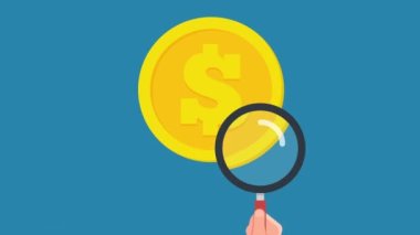 Büyüteç altında yatan dolar sikkesi. 4K hareket canlandırması.