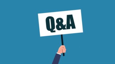 İş adamının eli Q & A işareti - animasyon konseptini tutuyor. 4K hareket canlandırması.