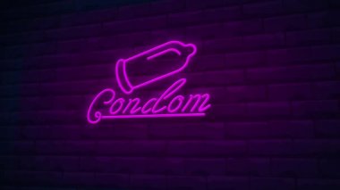 Prezervatif neon ışığı animasyonu. Tuğla Duvar Arkaplanı.