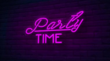 parti zamanı neon ışığı animasyonu. Tuğla Duvar Arkaplanı.