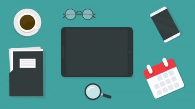 Tablet ve işaretli konsept ile işyerinin üst görünümü animasyon 4K hareket canlandırması.