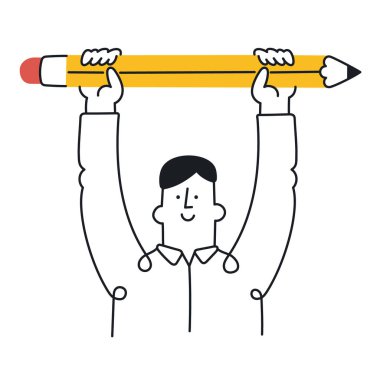 Büyük bir kalem tutan mutlu bir adam. Yazar kavramı, yaratıcılık, başarı, eğitim, motivasyon, ödev. Taslak, doğrusal, ince çizgi, karalama sanatı. Düzenlenebilir vuruş ile basit biçim.