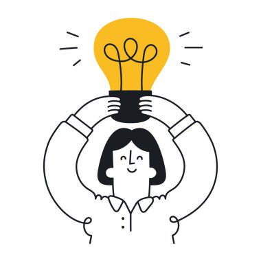 Büyük ampulü tutan mutlu kadın. Yeni fikir, beyin fırtınası, çözüm, problem çözüldü, başlangıç, yenilik, yaratıcılık. Taslak, doğrusal, ince çizgi, karalama sanatı. Düzenlenebilir vuruş ile basit biçim.