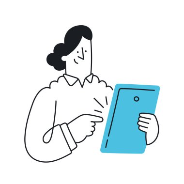 Tablete bakan bir kadın. Taslak, doğrusal, ince çizgi, karalama sanatı. Düzenlenebilir vuruş ile basit biçim.