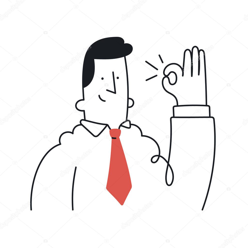 Businessman showing showing ok sign. Outline, linear, thin line, doodle art. Simple style with editable stroke.