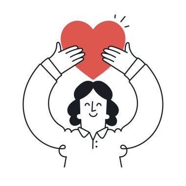 Büyük bir kalple el ele tutuşan mutlu kadın. Taslak, doğrusal, ince çizgi, karalama sanatı. Düzenlenebilir vuruş ile basit biçim.