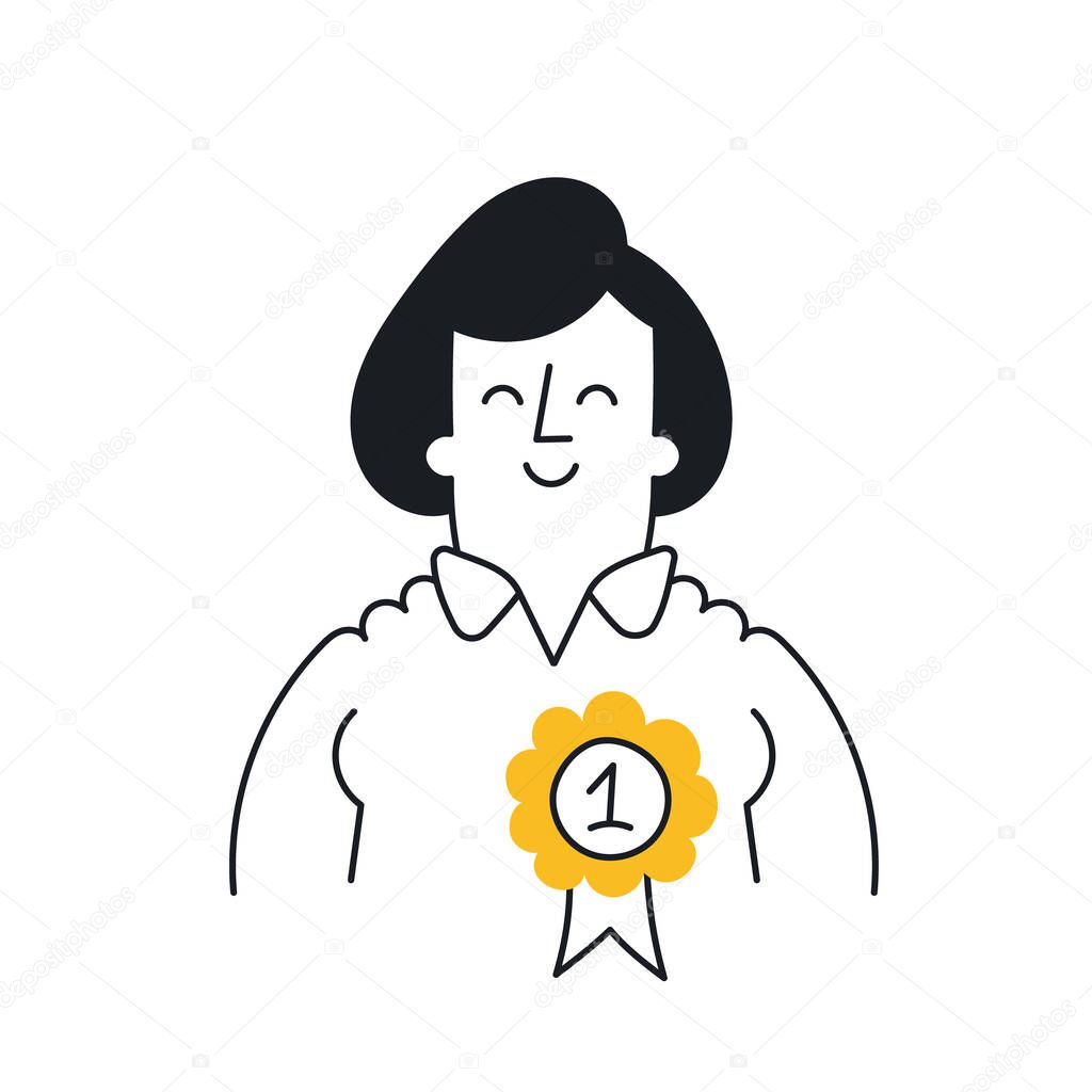 Woman proudly wearing an award on her chest. Outline, linear, thin line, doodle art. Simple style with editable stroke.