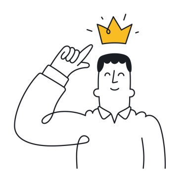 Adam başının üstündeki tacı işaret ediyor. Pozitif özsaygı, başarı, liderlik, taslak, doğrusal, ince çizgi, karalama sanatı kavramı. Düzenlenebilir vuruş ile basit biçim.