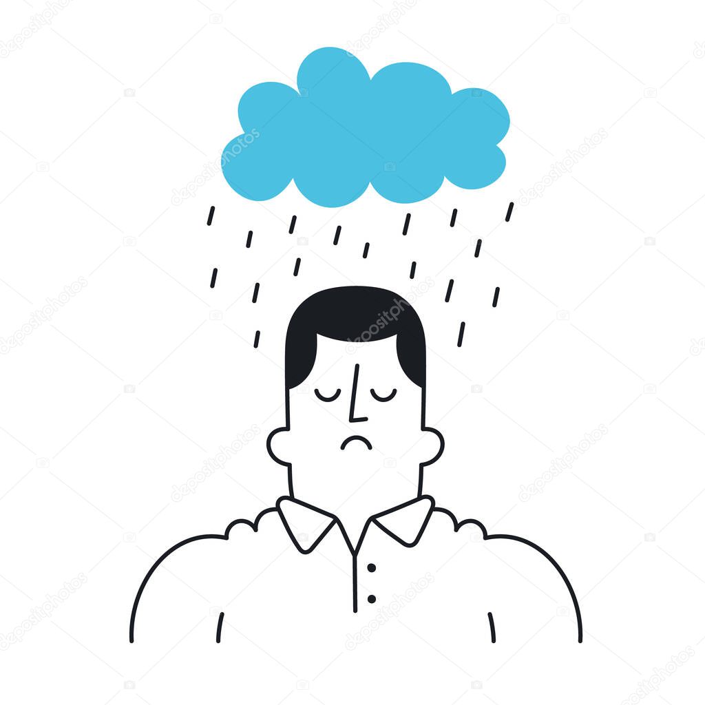 Sad man with raincloud above his head. Bad mood, depressive thoughts, sadness. Outline, linear, thin line, doodle art. Simple style with editable stroke.