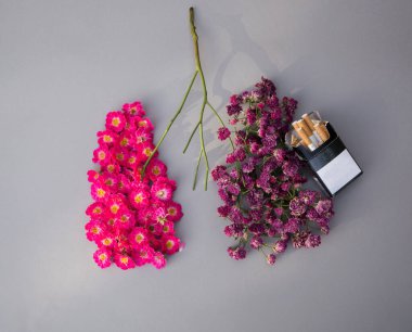 Tıbbi olarak sigara içilmez. Bir tarafında pembe gül çiçekleri ve bir paket sigarayla kurumuş çiçekler insan akciğerleri şeklinde serilmiştir. Üst Manzara. Kötü insan alışkanlıkları ve sağlık sonuçları