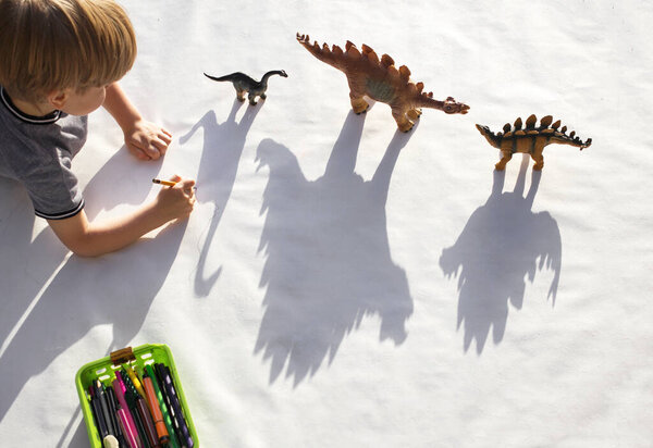 little boy draws a pencil around the contrasting shadows from the figures of toy dinosaurs on white paper. little scientist, ideas for the development of creative thinking, games for children