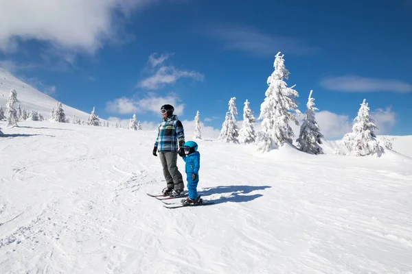 Happy Little Toddler Boy Learning Skiing His Dad Winter Holidays — Stock Fotó