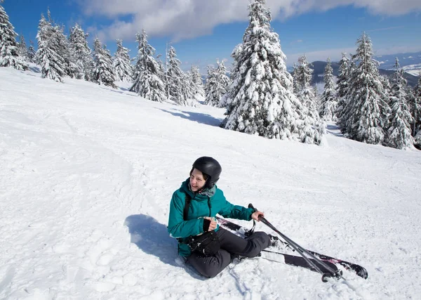 Cheerful Woman Years Old Winter Clothes Helmet Skiing Sits Snow — Stock Fotó
