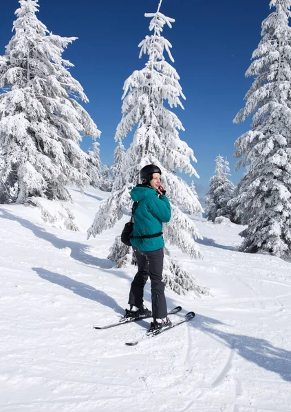 Happy Woman Ski Suit Helmet Stands Mountains Background Ice Trees — Stock Fotó