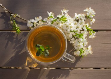 Transparent cup of tea with mint leaves and cherry blossom branches on a wooden table. A moment of relaxation and silence. good morning hello spring