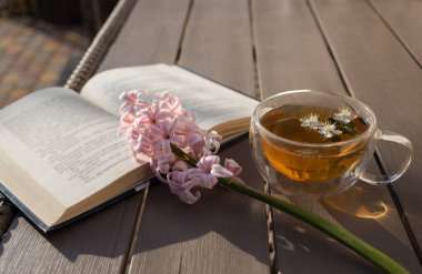 transparent cup of tea and blooming hyacinth on an open book on a wooden table, lit by the sun. A moment of relaxation and silence. Good morning hello spring. Reading the book with pleasure