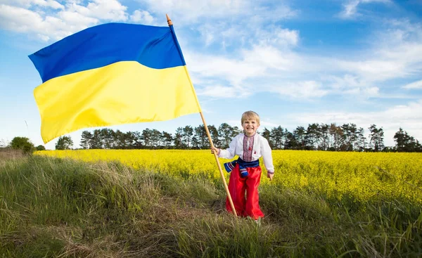 Хлопчик Національному Українському Костюмі Великим Жовто Синім Прапором Задньому Плані — стокове фото