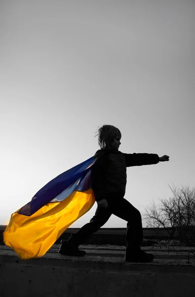 Black White Portrait Boy Superhero Waving Ukrainian Flag Pose Ready — Stock Photo, Image