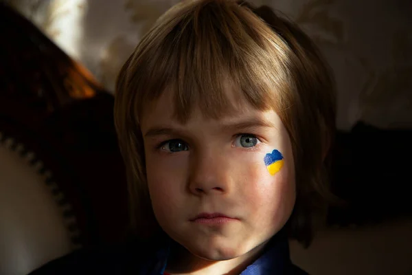 Unhappy Face Boy Ukraine Painted Yellow Blue Heart His Cheek — Stock Photo, Image