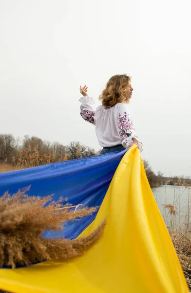 Молодая Женщина Вышитой Блузке Стоит Развевающимся Сине Желтым Украинским Флагом — стоковое фото
