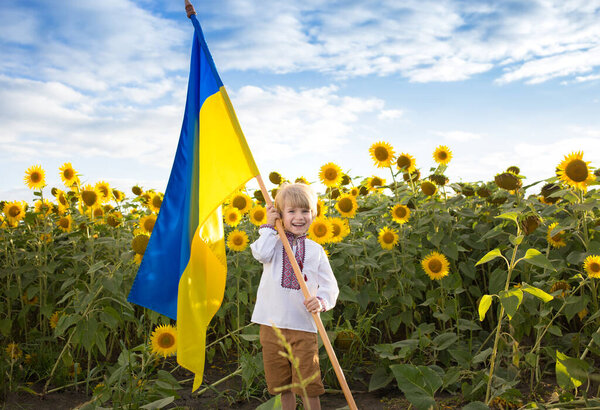 улыбающийся мальчик в национальной вышитой рубашке с желто-голубым украинским флагом на фоне цветущего поля подсолнухов. гордость, символ страны. патриотическое воспитание. Дети против войны