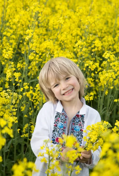 Lindo Niño Ucraniano Sonriente Años Edad Una Blusa Bordada Tradicional — Foto de Stock