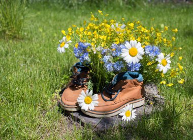 Bir buket yabani papatya çiçeğiyle kahverengi ayakkabılar ve kütük üzerinde düğün çiçeği. Tatil, seyahat, çiçek sürprizi. Aktif yaşam tarzı, yürüyüşler, doğa konseptini sevmek. Dünya Günü. seçici odak