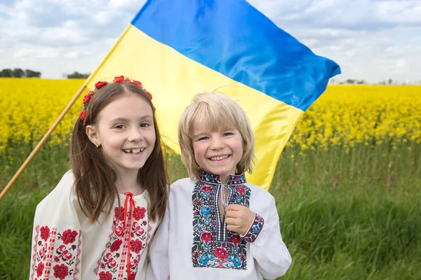 Портрет Веселих Українських Дітей Хлопчик Дівчинка Років Синьо Жовтим Прапором — стокове фото