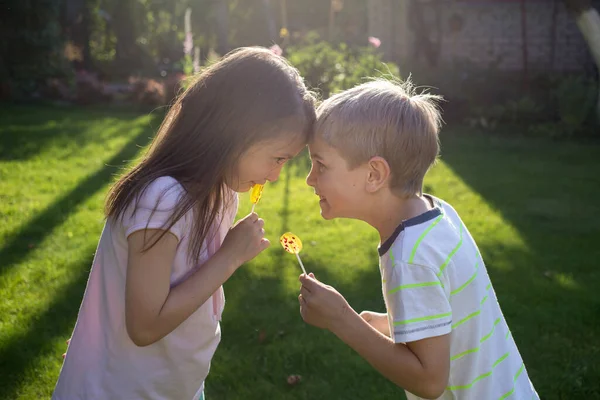 Garçon Une Fille Ans Avec Des Bonbons Sucrés Sur Bâton — Photo