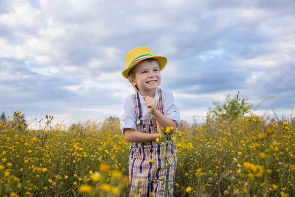 Портрет Милого Весёлого Мальчика Жёлтой Шляпе Стоящего Среди Диких Цветов — стоковое фото