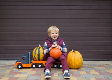 cheerful boy of 5 years old sits on a big toy truck and transports beautiful farm pumpkins to the warehouse. Little helper, autumn games for children on the farm