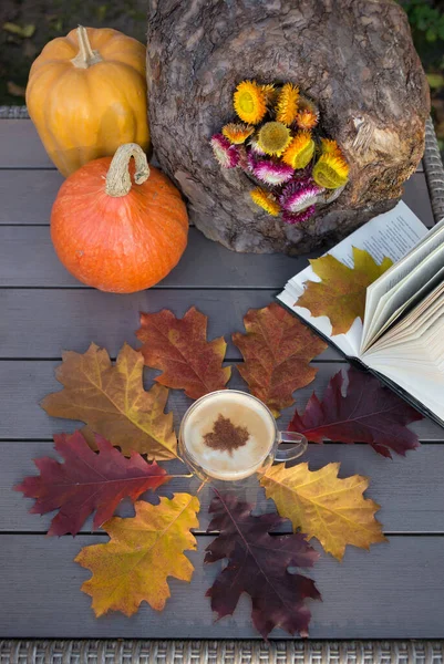 I love autumn, coffee and books. an open book, a cup of cappuccino among a collection of colorful bright fallen oak leaves. autumn atmosphere. education concept