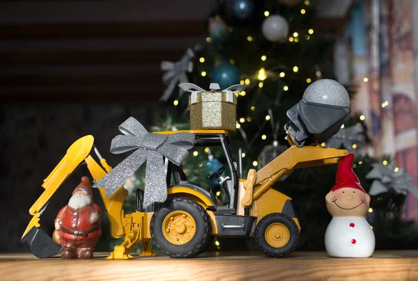 Concept Van Kerstmis Zakelijke Groeten Nieuwjaar Wintervakantie Bouw Bedrijf Bulldozer — Stockfoto