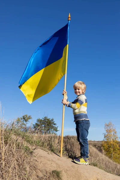 6歳の少年は大きな手を振って青い黄色のウクライナの旗を持つ青い空に対して丘の上に立っています ウクライナ人の誇り 人々は戦争に反対している ウクライナとスタンド ウクライナのための平和の概念 — ストック写真