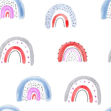 Beyaz arka planda İskandinav tarzında şirin gökkuşağı olan çocuklar için suluboya el yapımı, kusursuz, çocuksu, basit bir desen. Gökkuşaklı bebek deseni. Kumaş tasarımı. Duvar Kağıdı.