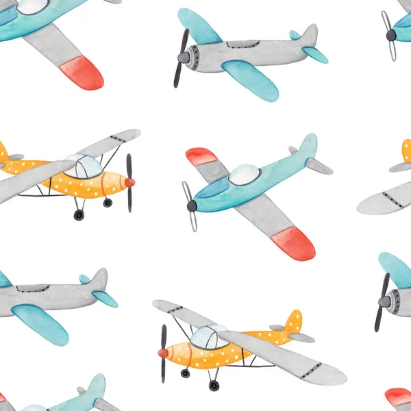Watercolor cute hand-drawn seamless repeating children simple pattern with aircraft in Scandinavian style on a white background. Kids seamless pattern with planes. Funny airplanes. Trendy background.