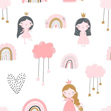 Beyaz arka planda taçlandırılmış bir elbise giymiş şirin prenseslerle el çizimi, kusursuz ve tekrarlanmayan çocuklar. Kumaş, ambalaj, tekstil, duvar kağıdı için yaratıcı çocuk dokusu.