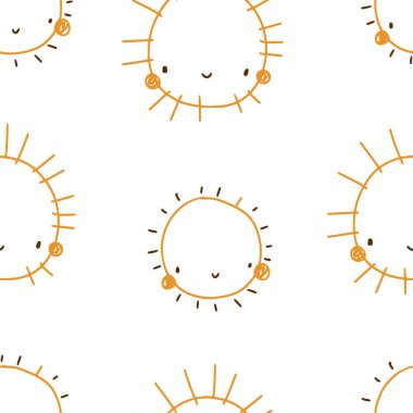 Beyaz arka planda sevimli gülümseyen güneşi olan el yapımı, pürüzsüz bir desen. Basit bir parmak izi. Tekrarlayan çocukça bir doku. Kumaş, duvar kağıdı, tekstil, bebek kıyafetleri, ambalaj kağıdı için ideal..