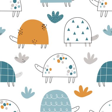 Beyaz arka planda İskandinav tarzında şirin karalama kaplumbağaları olan el yapımı, kusursuz çocuksu desenler. Kumaş, ambalaj, tekstil, duvar kağıdı, giysi için çocuk dokusu.