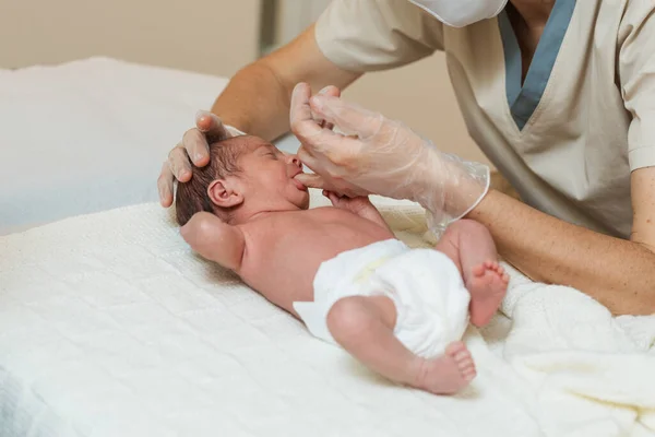 Professionelle Physiotherapeutin führt eine Sauguntersuchung bei einem Neugeborenen durch. — Stockfoto