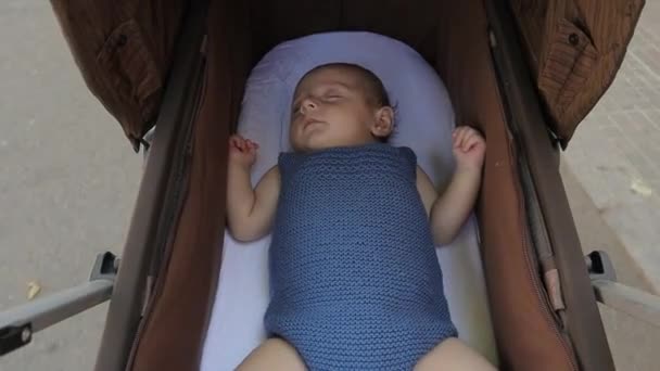 Pequeño bebé recién nacido durmiendo en un cochecito de bebé durante un paseo al aire libre — Vídeo de stock