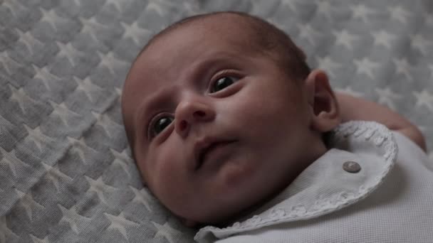 Close up view of a cute little newborn baby looks around while lying on a bed. — Stock Video